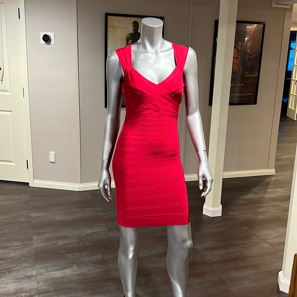 Red Herve Leger wrap dress